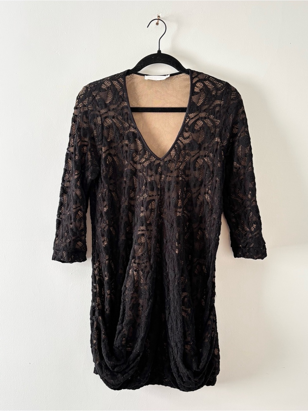 Anne Fontaine Coline 3/4 Sleeve Mini Dress Bubble Hem Nude Lined Black Lace